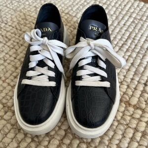 Prada Navy Croc-Embossed Leather Sneakers with White Soles and Laces